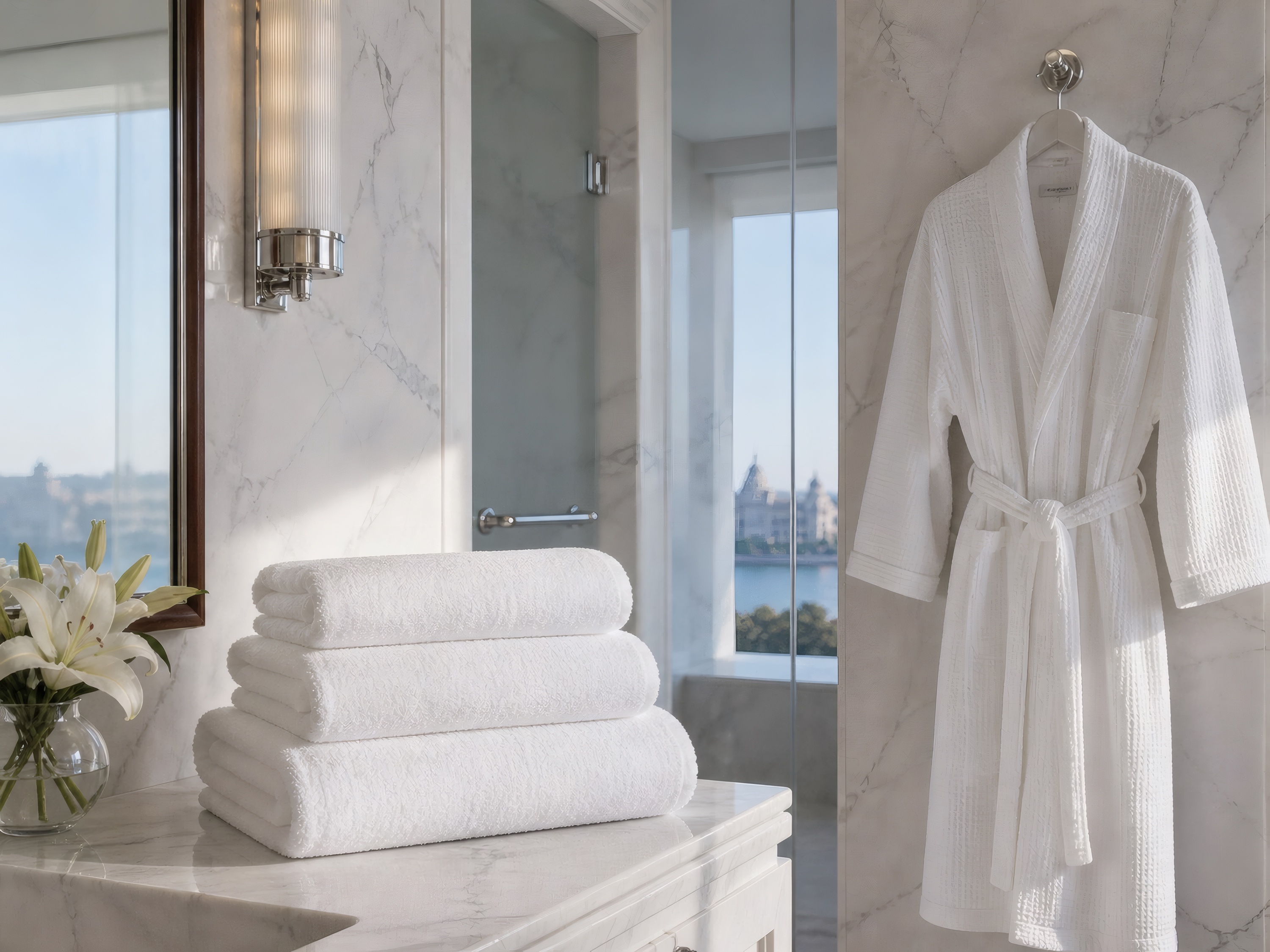 A marble hotel bathroom with stacked white towels and a white waffle robe
