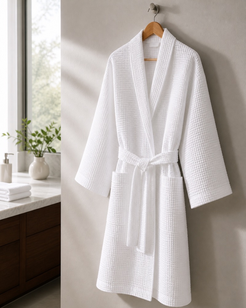 White waffle bathrobe on a hanger