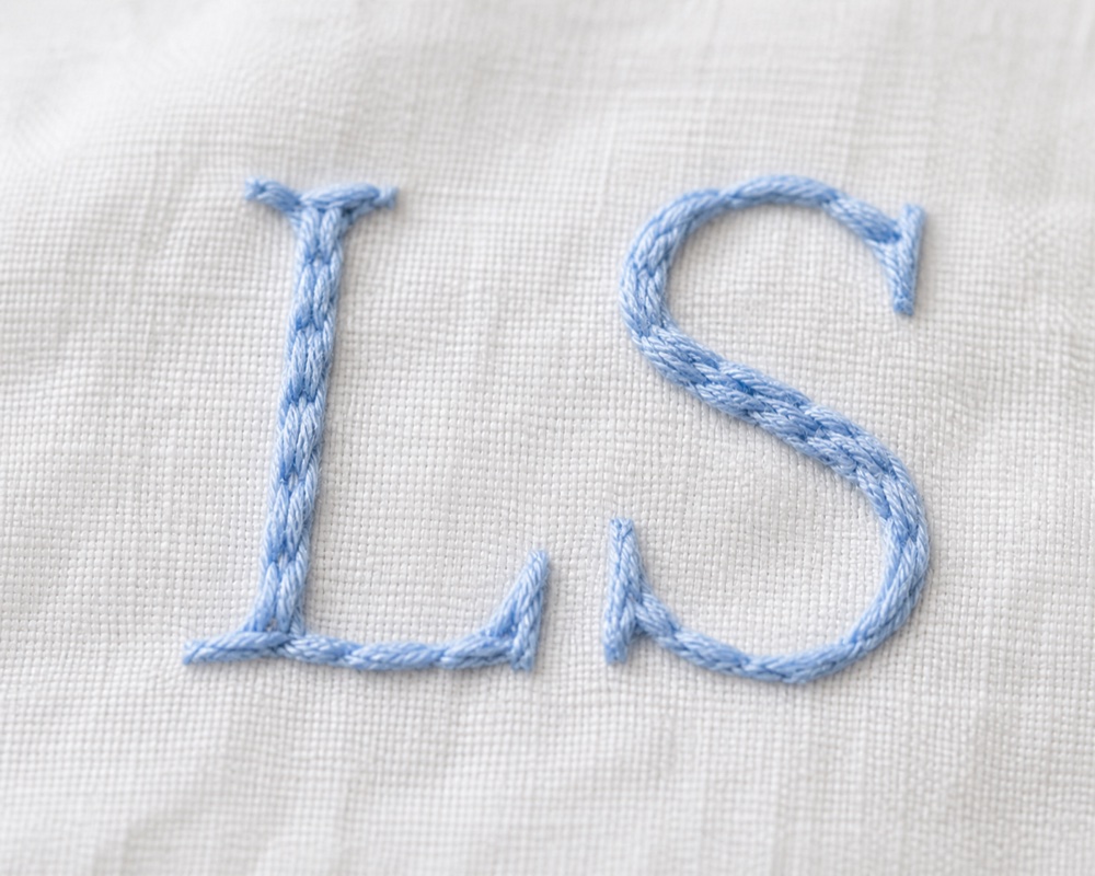 Close-up of hand-stitched monogram on white linen