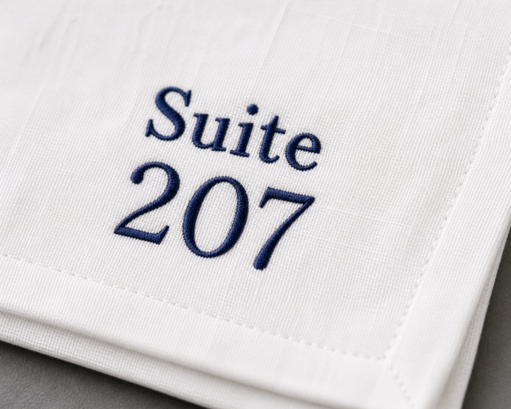 Embroidered room number plate on white napery