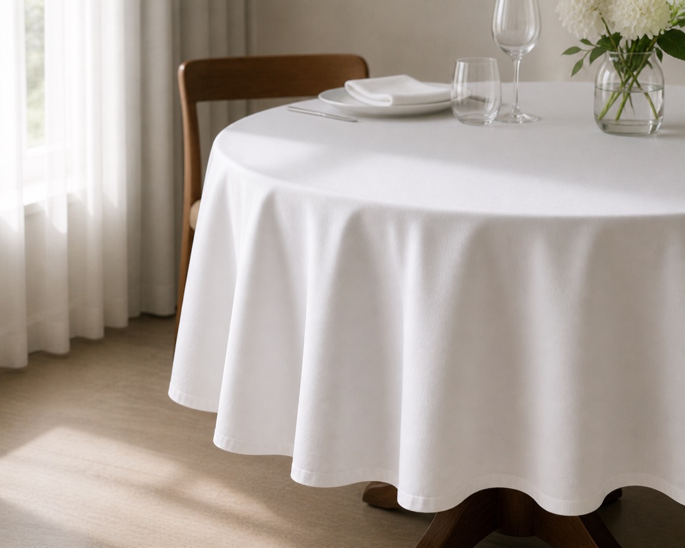 Round dining table dressed with a white tablecloth