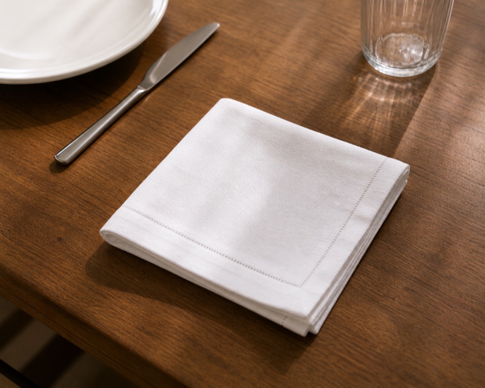 A folded white napkin on a wooden surface