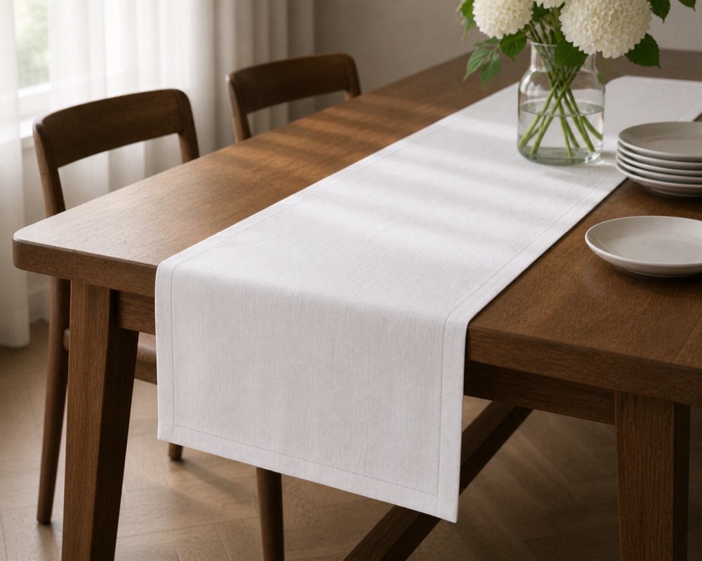 White linen table runner on a dark dining table