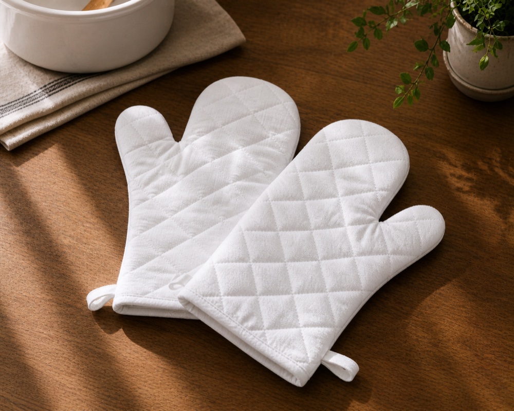 White quilted kitchen mittens