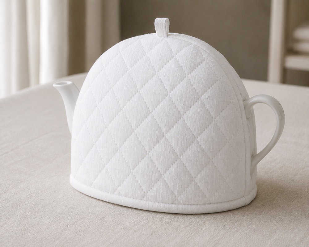 White quilted tea cosy cover