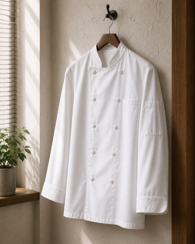 A double-breasted white chef coat