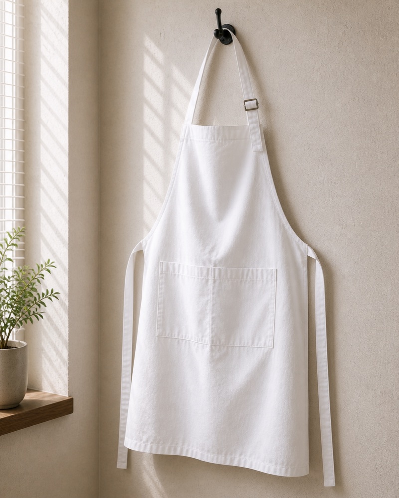 A heavy cotton chef apron with a chest pocket