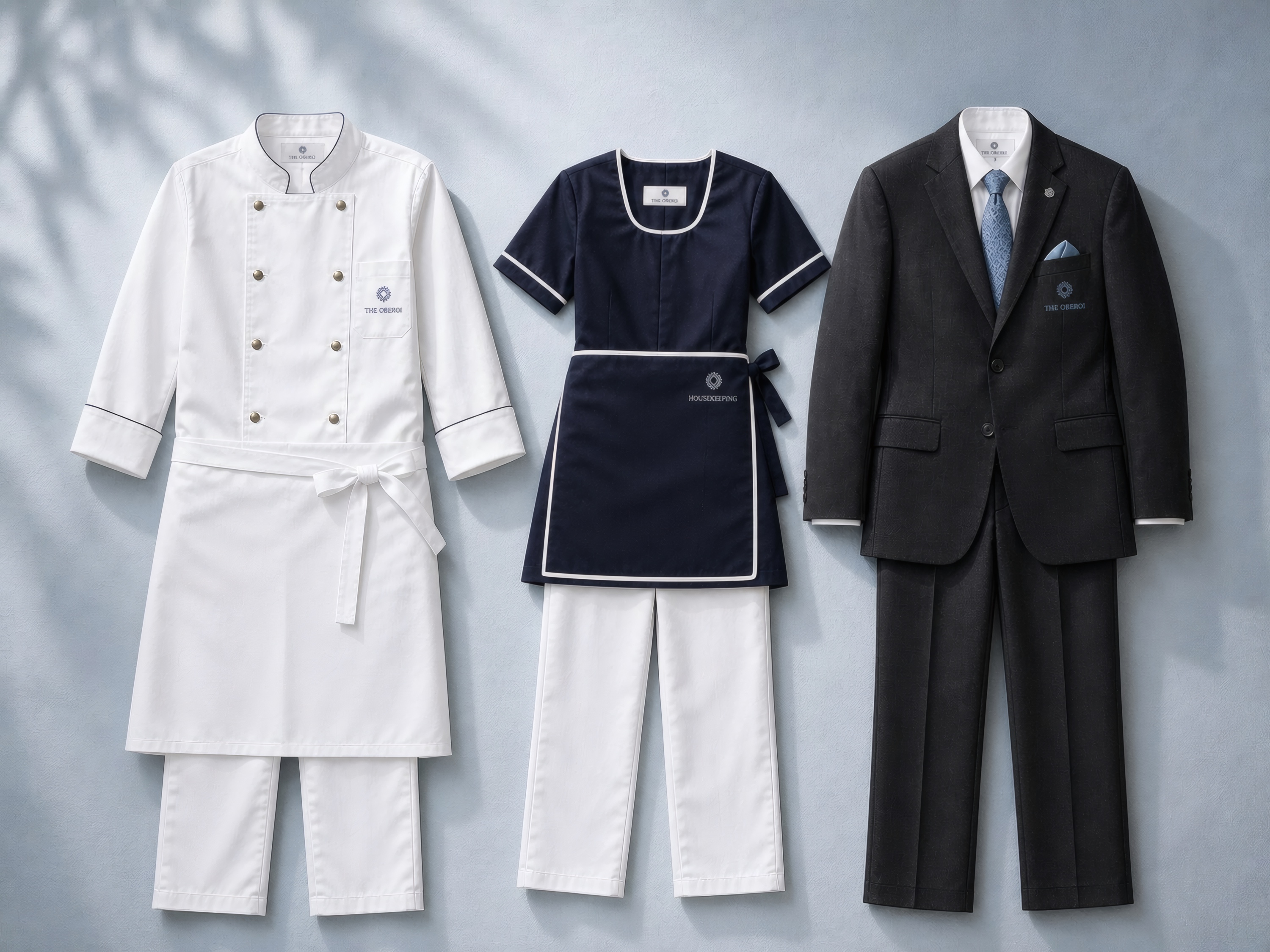 A chef jacket, housekeeping apron and front-of-house suit, embroidered to brand